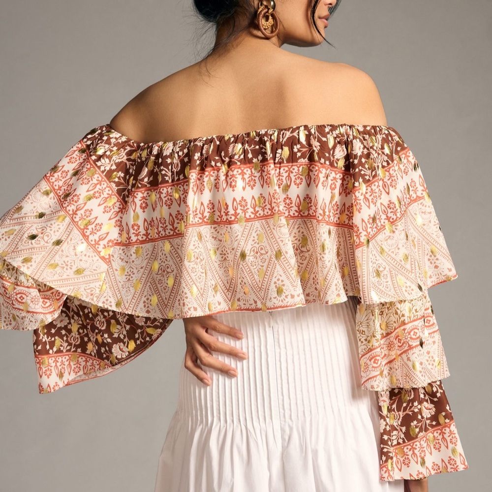 Anthropologie Brown and Cream Off-Shoulder Blouse